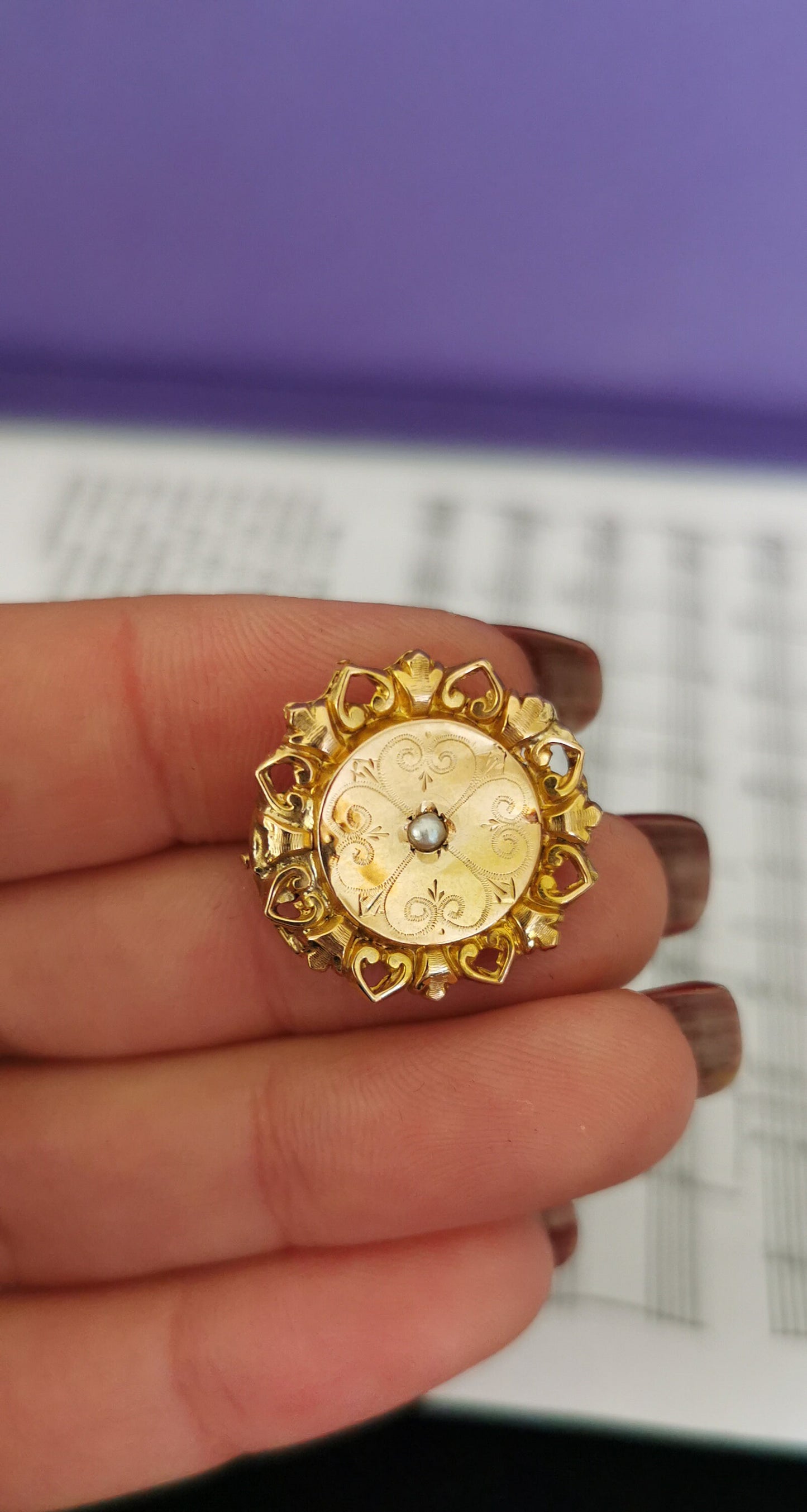 18K Gold Brooch: Antique French Victorian Seed Pearl Brooch