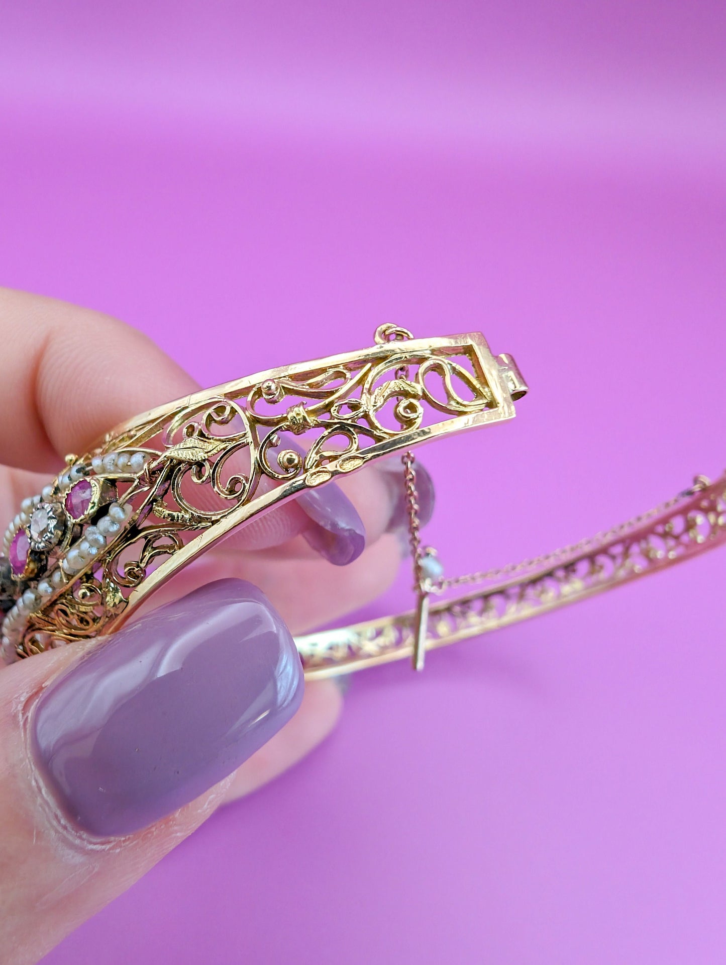 Antique 18K Gold Diamond & Pearl Bangle Bracelet, Belle Epoque French Jewelry