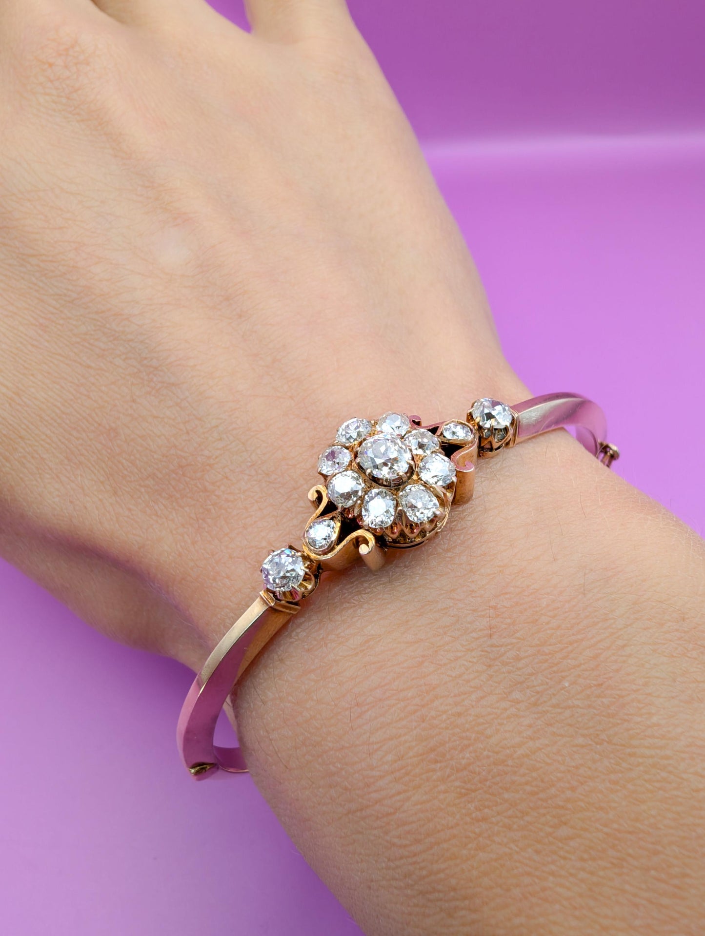 Antique 14K Rose Gold Diamond Bangle Bracelet: French Edwardian Jewelry