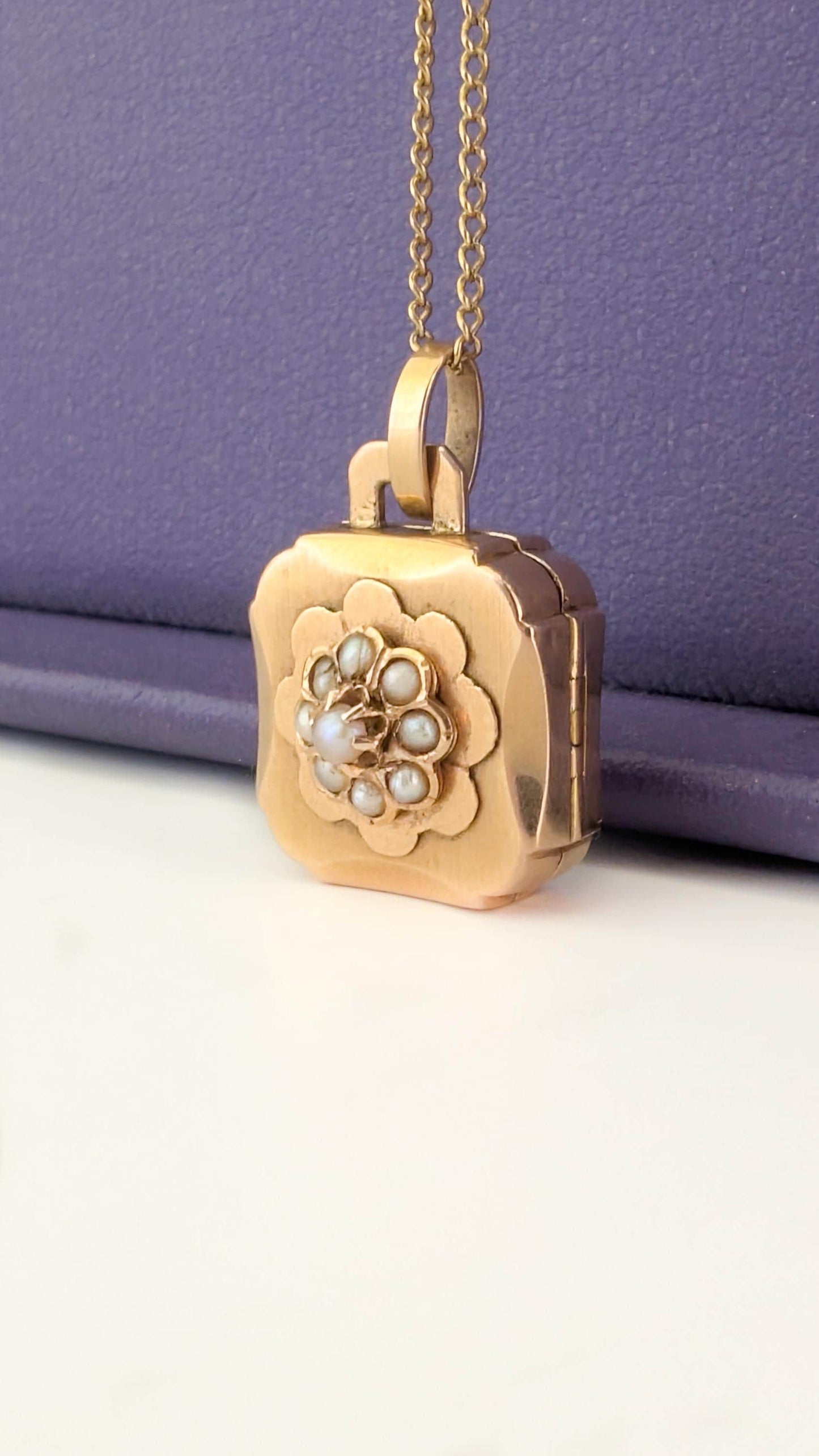 Antique 18k Victorian engraved locket with thick glass partition and Pearls Antique Victorian 18ct Gold locket French Napoleon III Locket