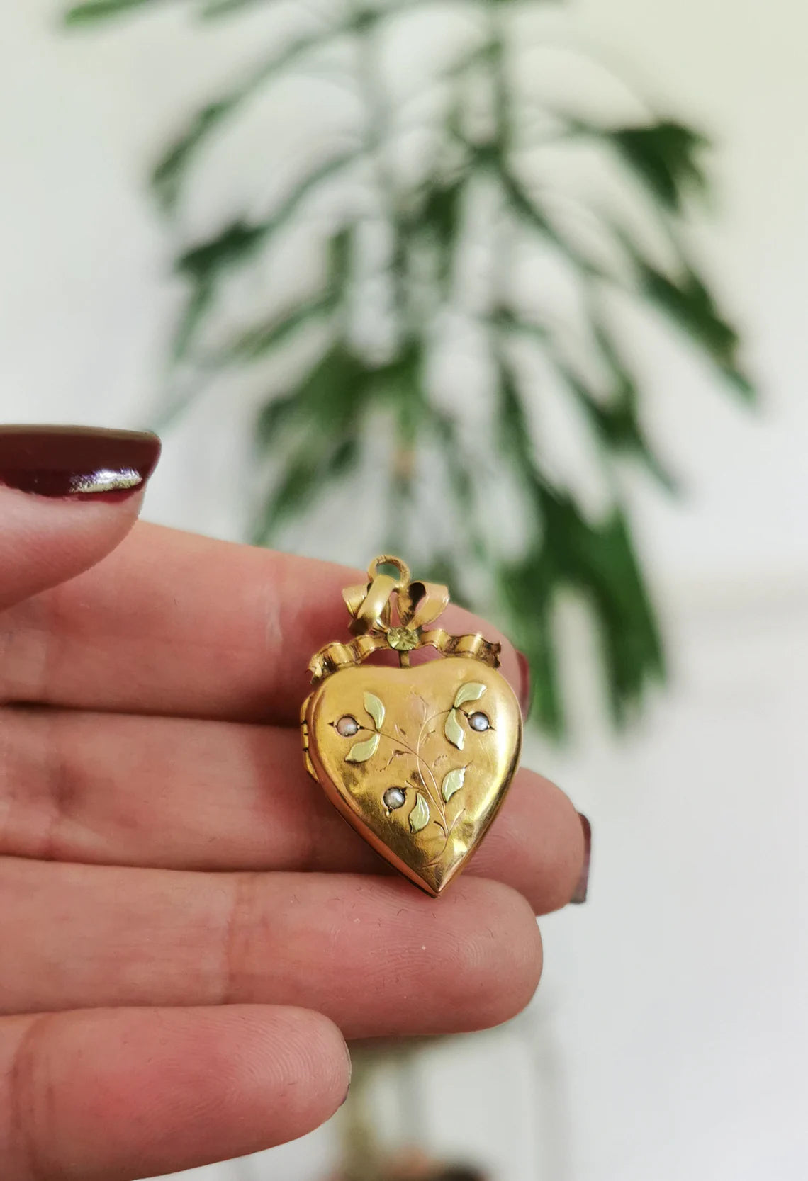 18K Art Nouveau Heart Locket Antique c 1900 Locket 18K Gold Heart Pendant with yellow gold glass stone and natural pearl