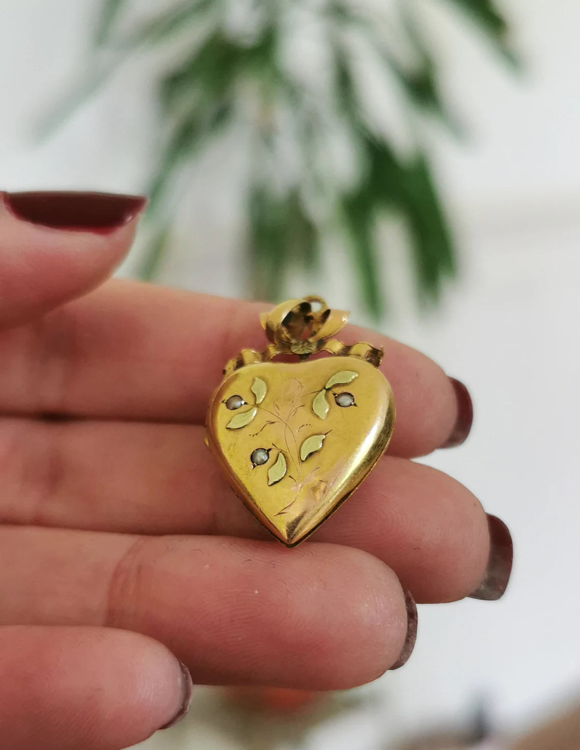 18K Art Nouveau Heart Locket Antique c 1900 Locket 18K Gold Heart Pendant with yellow gold glass stone and natural pearl