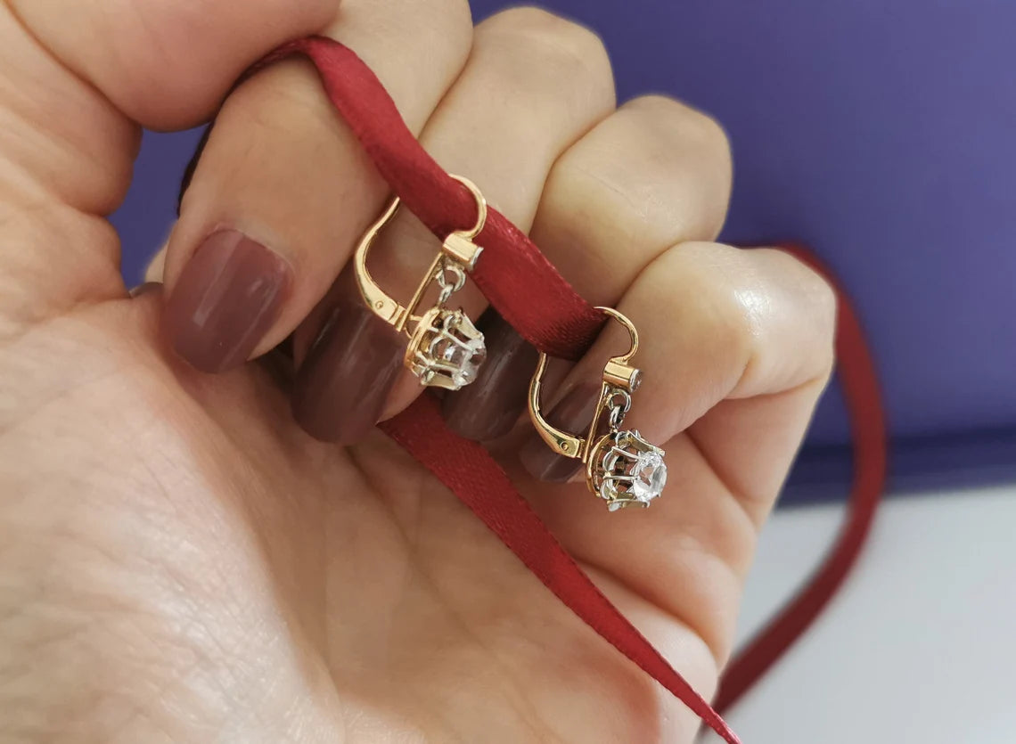 18K Earrings Art Deco Earrings 18k Drop Earrings Antique French Earrings Antique Gold earrings gift for her Vintage Gold earrings