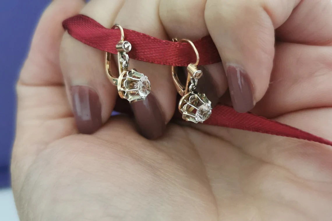 18K Earrings Art Deco Earrings 18k Drop Earrings Antique French Earrings Antique Gold earrings gift for her Vintage Gold earrings