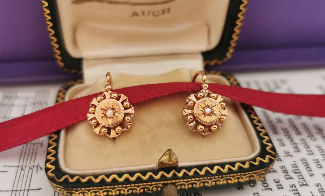 18K Gold Antique Dormeuses Victorian Earrings Gold Earrings with Pearl Napoleon III 18K Gold Earrings gift for her XIX century gold earrings