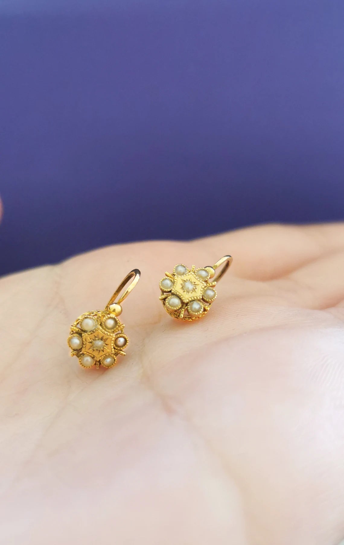 18K Gold Antique Dormeuses Victorian Earrings Gold Earrings with Pearls Napoleon III 18K Earrings gift for her XIX century gold earrings