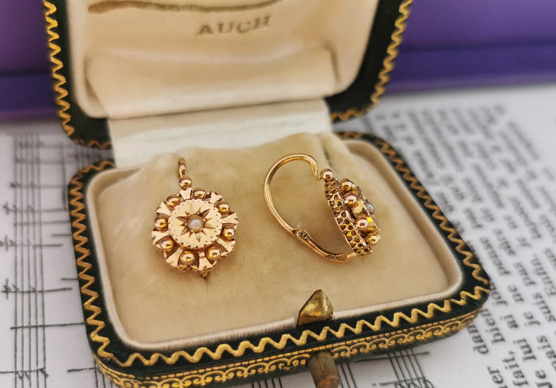18K Gold Antique Dormeuses Victorian Earrings Gold Earrings with Pearl Napoleon III 18K Gold Earrings gift for her XIX century gold earrings