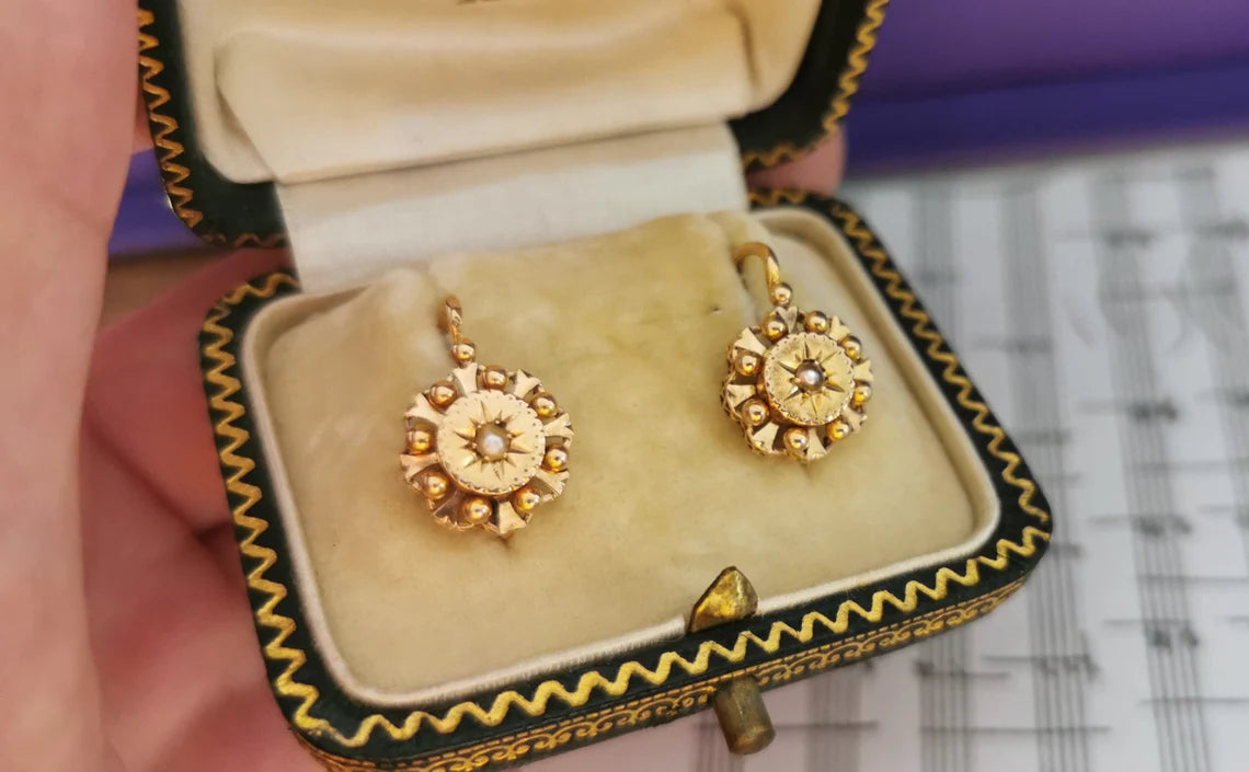 18K Gold Antique Dormeuses Victorian Earrings Gold Earrings with Pearl Napoleon III 18K Gold Earrings gift for her XIX century gold earrings