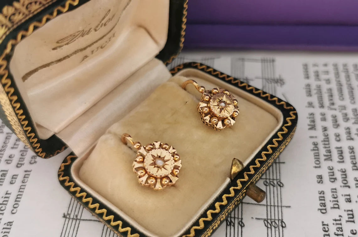 18K Gold Antique Dormeuses Victorian Earrings Gold Earrings with Pearl Napoleon III 18K Gold Earrings gift for her XIX century gold earrings