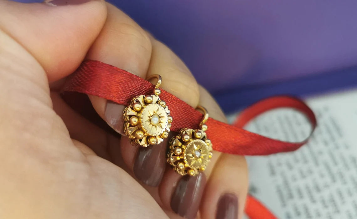 18K Gold Antique Dormeuses Victorian Earrings Gold Earrings with Pearl Napoleon III 18K Gold Earrings gift for her XIX century gold earrings