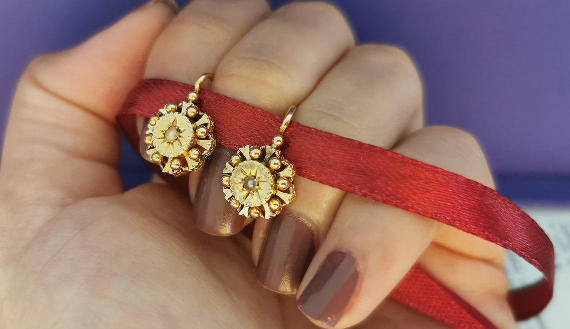 18K Gold Antique Dormeuses Victorian Earrings Gold Earrings with Pearl Napoleon III 18K Gold Earrings gift for her XIX century gold earrings