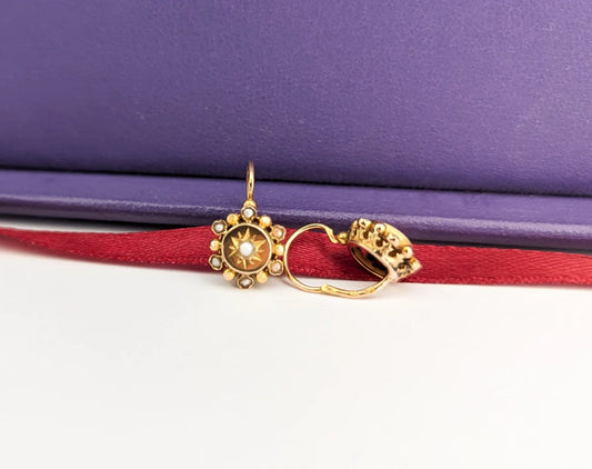 18K Gold Antique Dormeuses Victorian Earrings Gold Earrings with Pearl Napoleon III 18K Gold Earrings gift for her XIX century gold earrings