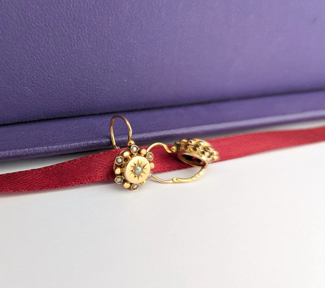 18K Gold Antique Dormeuses Victorian Earrings Gold Earrings with Pearl Napoleon III 18K Gold Earrings gift for her XIX century gold earrings