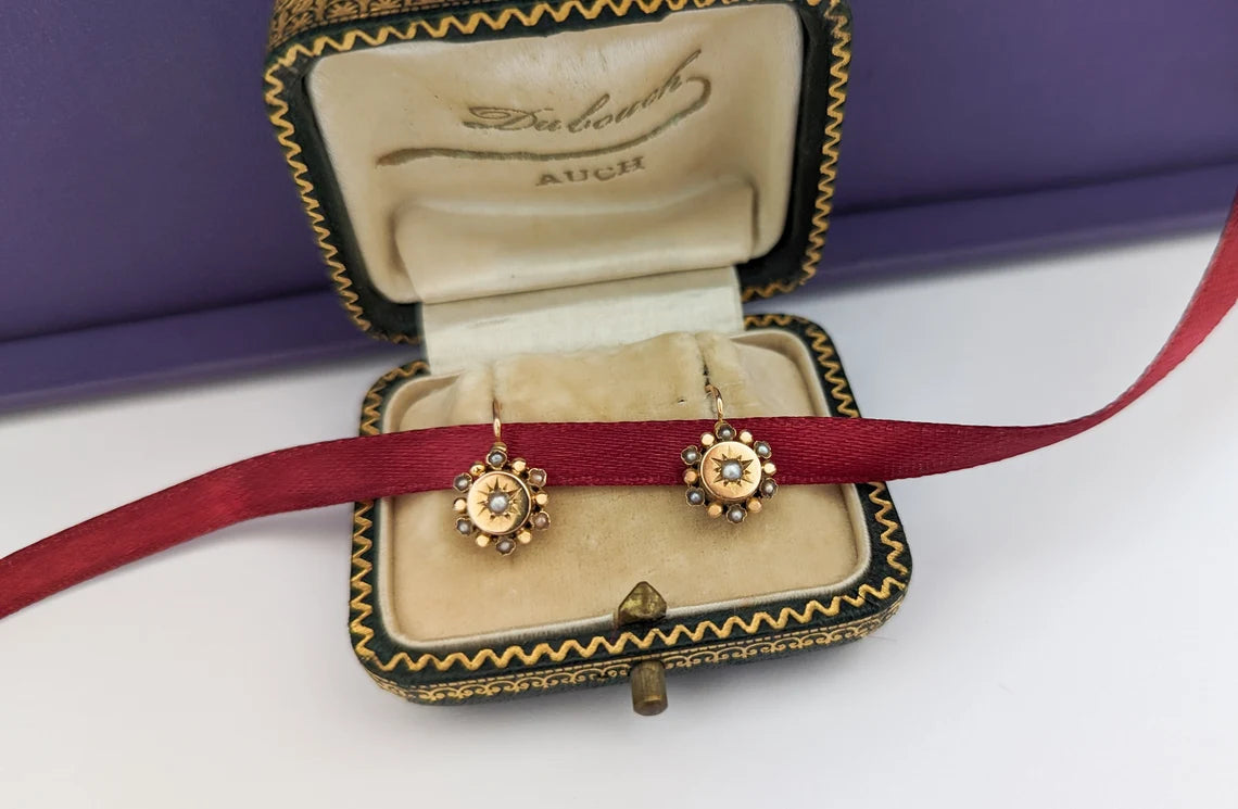 18K Gold Antique Dormeuses Victorian Earrings Gold Earrings with Pearl Napoleon III 18K Gold Earrings gift for her XIX century gold earrings