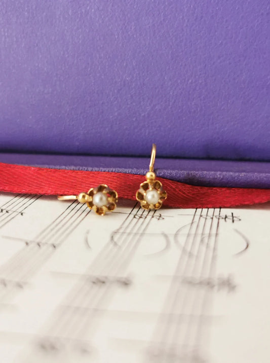 18K Gold & Pearl Antique Dormeuses Edwardian Pearl Earrings 18ct Gold French earrings Antique 18K Gold Earrings gift for her