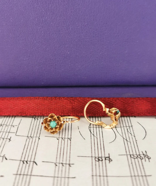 18K Gold & Turquoise Antique Dormeuses Edwardian Turquoise Earrings 18ct Gold French earrings Antique 18K Gold Earrings gift for her