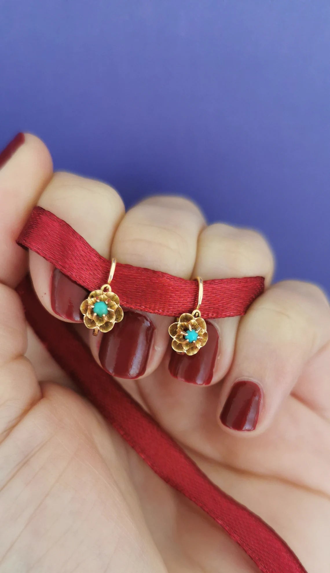 18K Gold & Turquoise Antique Dormeuses Edwardian Turquoise Earrings 18ct Gold French earrings Antique 18K Gold Earrings gift for her