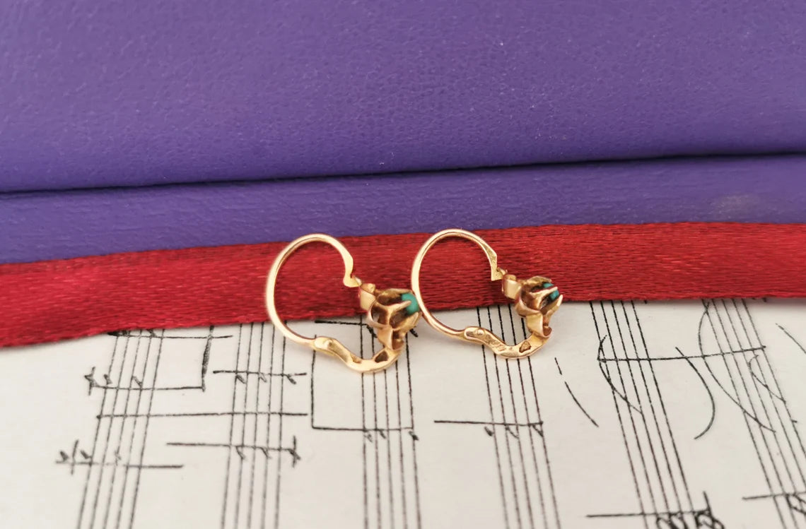 18K Gold & Turquoise Antique Dormeuses Edwardian Turquoise Earrings 18ct Gold French earrings Antique 18K Gold Earrings gift for her