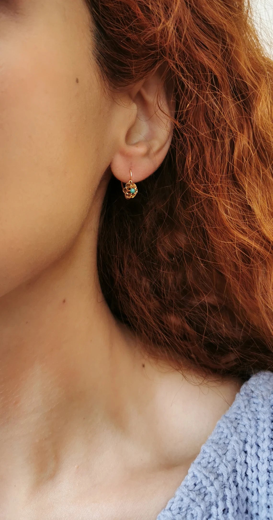 18K Gold & Turquoise Antique Dormeuses Edwardian Turquoise Earrings 18ct Gold French earrings Antique 18K Gold Earrings gift for her