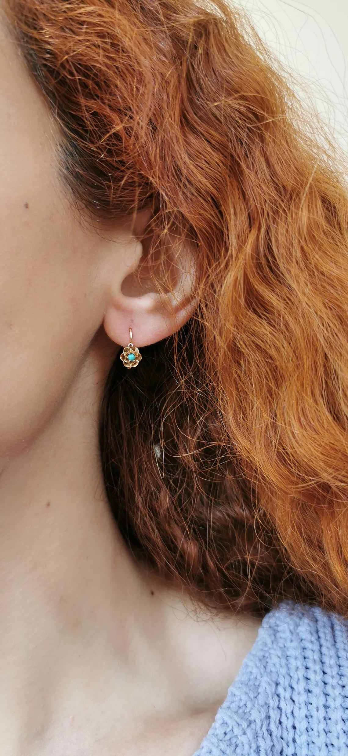 18K Gold & Turquoise Antique Dormeuses Edwardian Turquoise Earrings 18ct Gold French earrings Antique 18K Gold Earrings gift for her