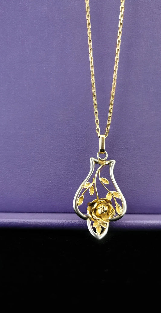 18K Pendant Art Nouveau Pendant and Chain Art Nouveau Antique French Pendant Antique 1900 French Art nouveau Rose and leaf pendant