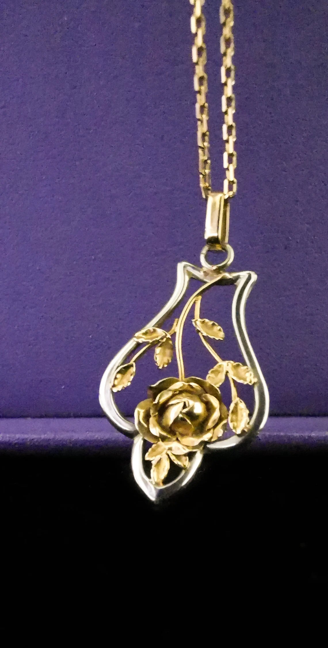 18K Pendant Art Nouveau Pendant and Chain Art Nouveau Antique French Pendant Antique 1900 French Art nouveau Rose and leaf pendant