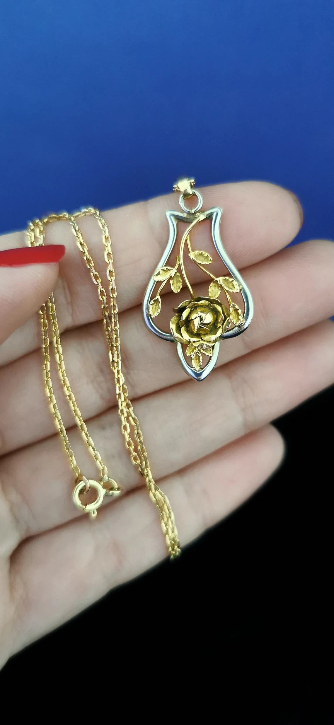 18K Pendant Art Nouveau Pendant and Chain Art Nouveau Antique French Pendant Antique 1900 French Art nouveau Rose and leaf pendant