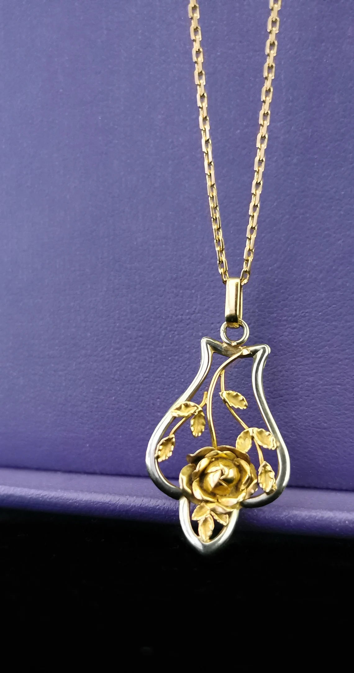 18K Pendant Art Nouveau Pendant and Chain Art Nouveau Antique French Pendant Antique 1900 French Art nouveau Rose and leaf pendant