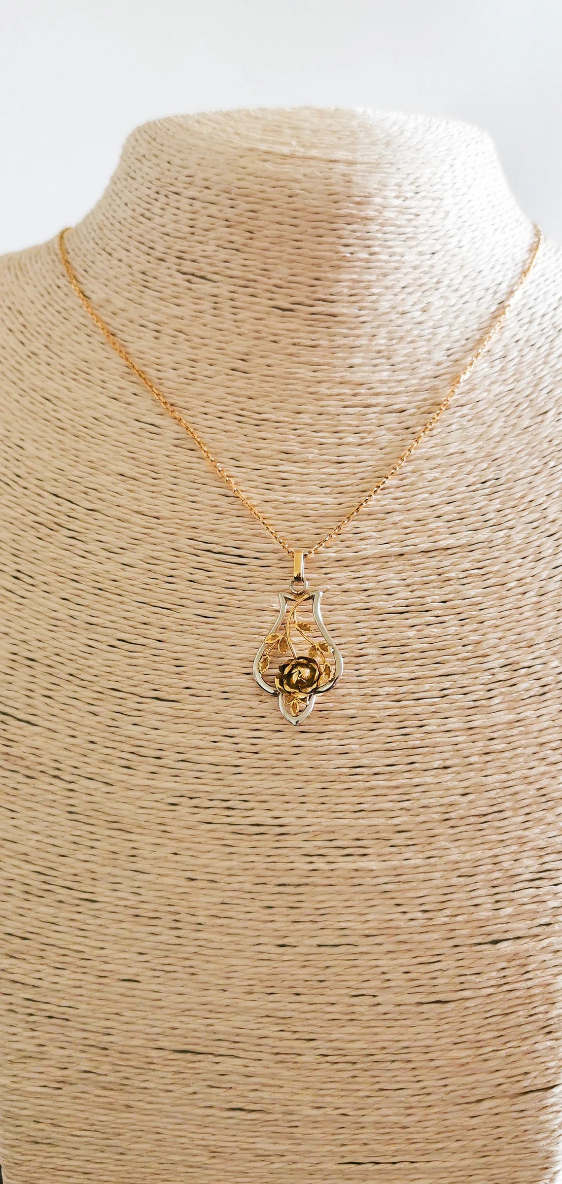 18K Pendant Art Nouveau Pendant and Chain Art Nouveau Antique French Pendant Antique 1900 French Art nouveau Rose and leaf pendant