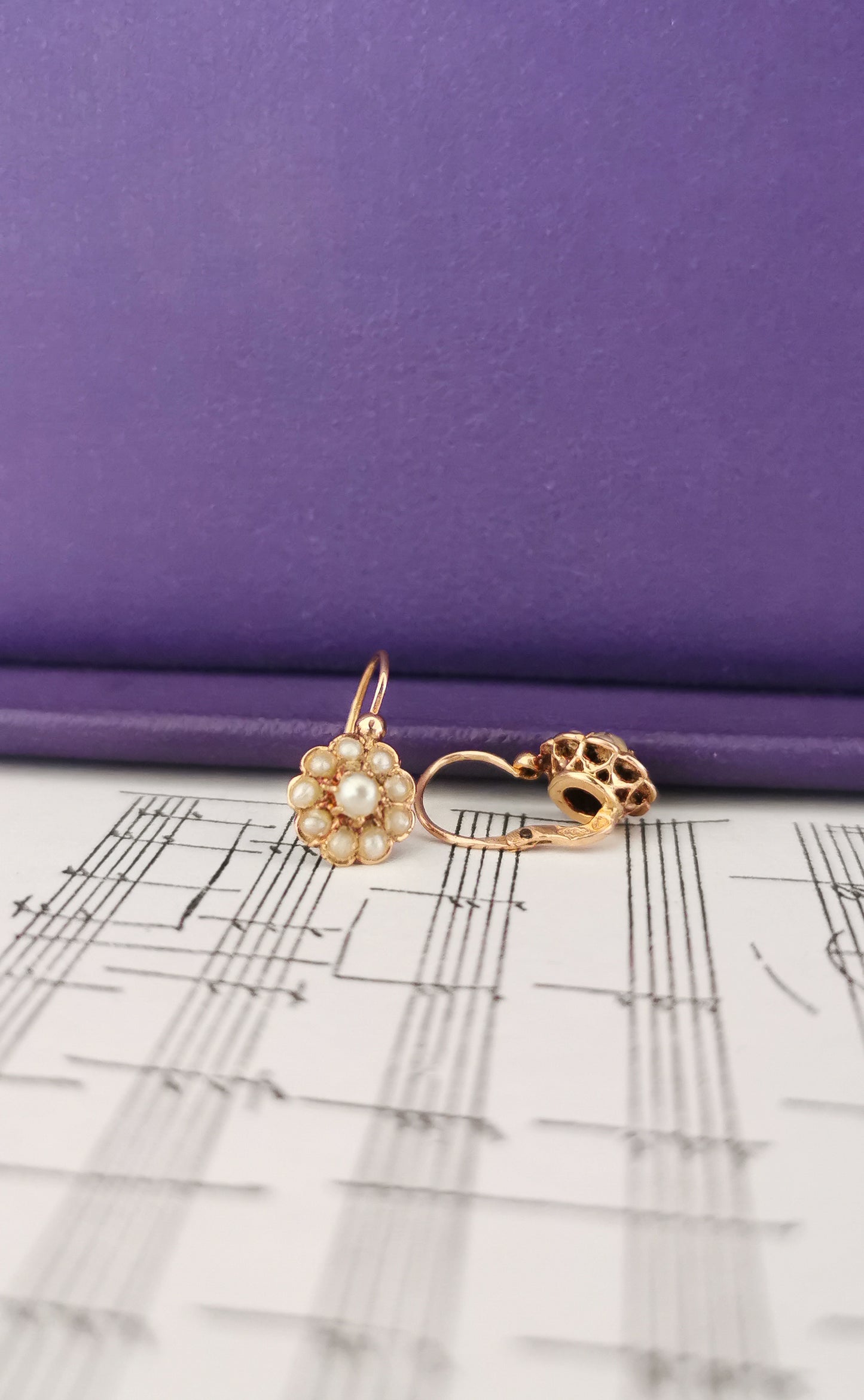 18k Gold Earrings Antique Dormeuses Victorian Earrings Gold Earrings with natural seed pearl Napoleon III 18 K Gold Earrings