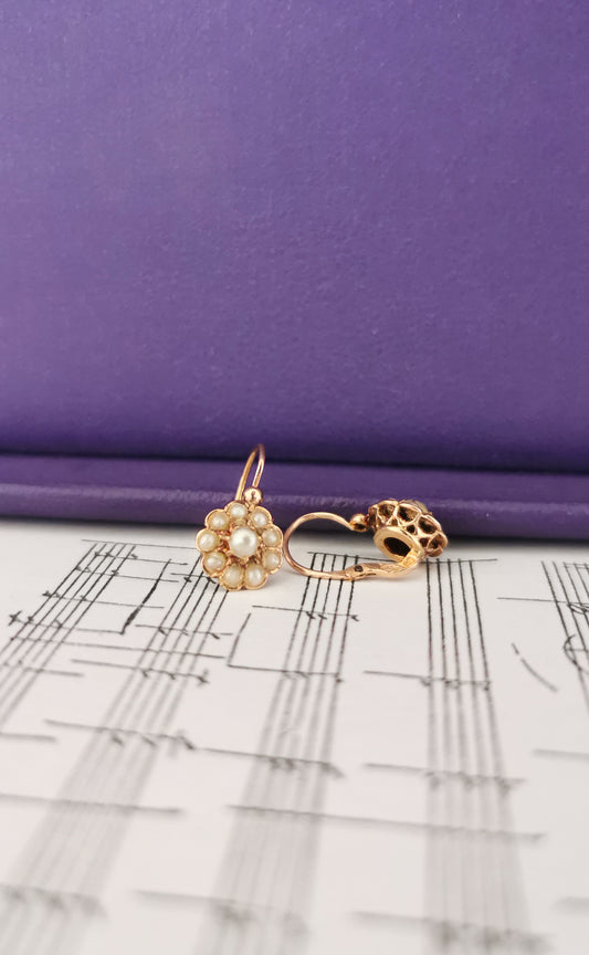 18k Gold Earrings Antique Dormeuses Victorian Earrings Gold Earrings with natural seed pearl Napoleon III 18 K Gold Earrings