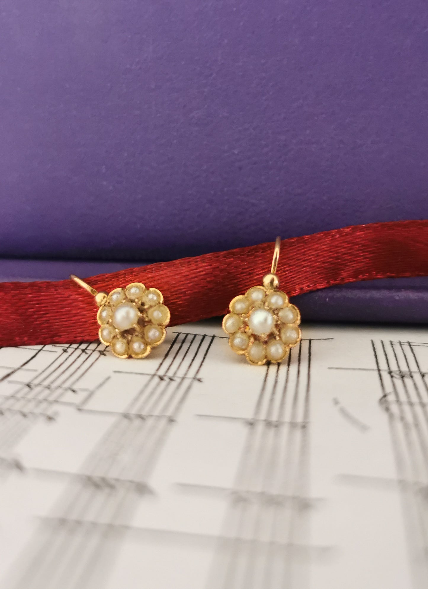 18k Gold Earrings Antique Dormeuses Victorian Earrings Gold Earrings with natural seed pearl Napoleon III 18 K Gold Earrings