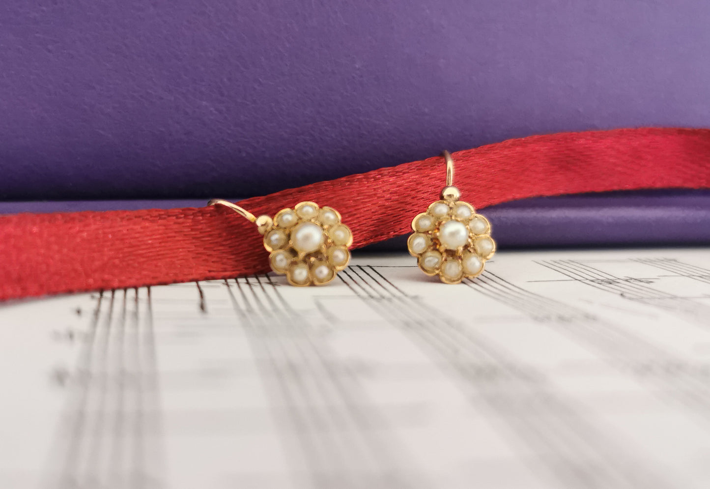 18k Gold Earrings Antique Dormeuses Victorian Earrings Gold Earrings with natural seed pearl Napoleon III 18 K Gold Earrings