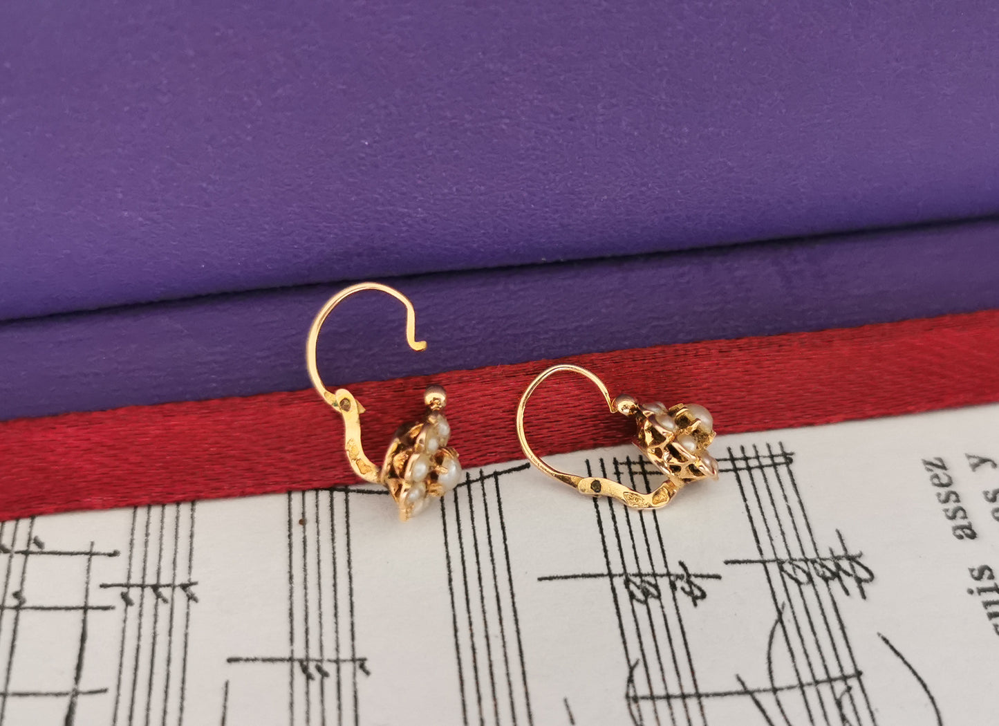 18k Gold Earrings Antique Dormeuses Victorian Earrings Gold Earrings with natural seed pearl Napoleon III 18 K Gold Earrings