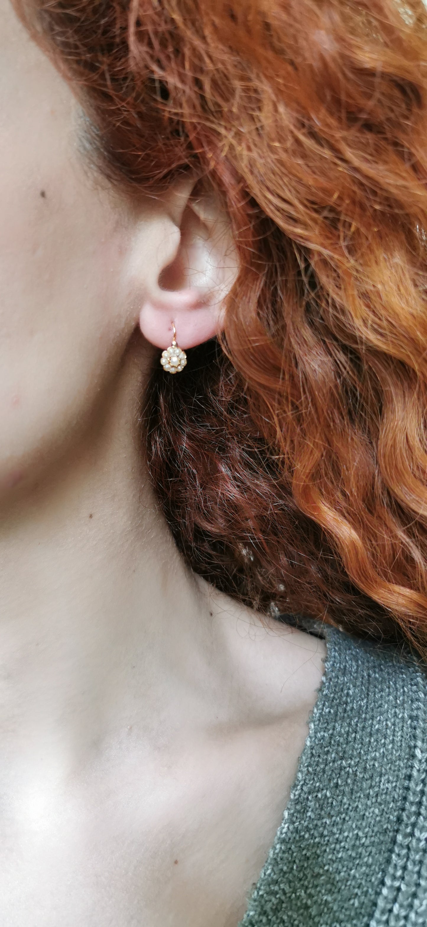 18k Gold Earrings Antique Dormeuses Victorian Earrings Gold Earrings with natural seed pearl Napoleon III 18 K Gold Earrings