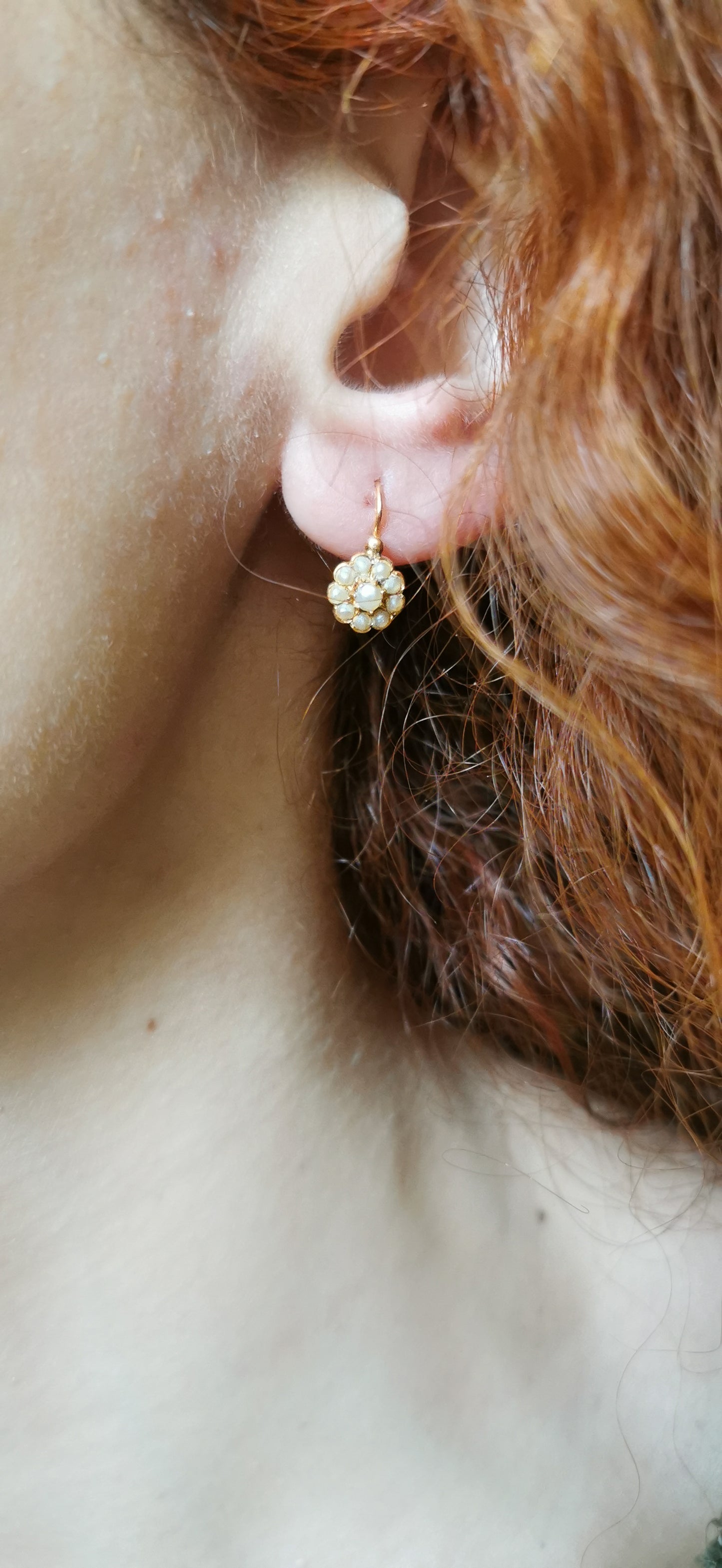 18k Gold Earrings Antique Dormeuses Victorian Earrings Gold Earrings with natural seed pearl Napoleon III 18 K Gold Earrings