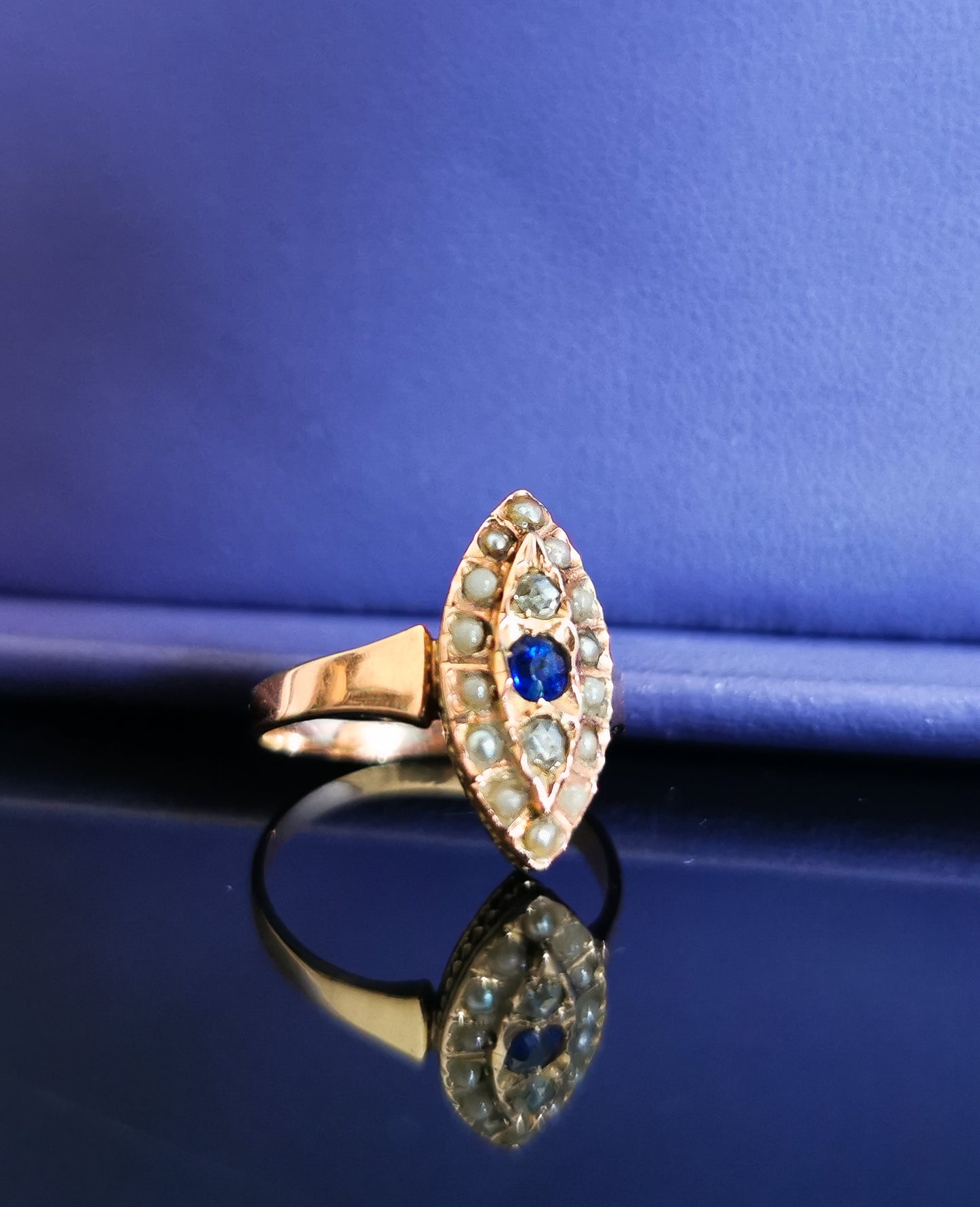 1880s Antique 18k Navette cluster ring Diamond & Pearl Marquise Ring