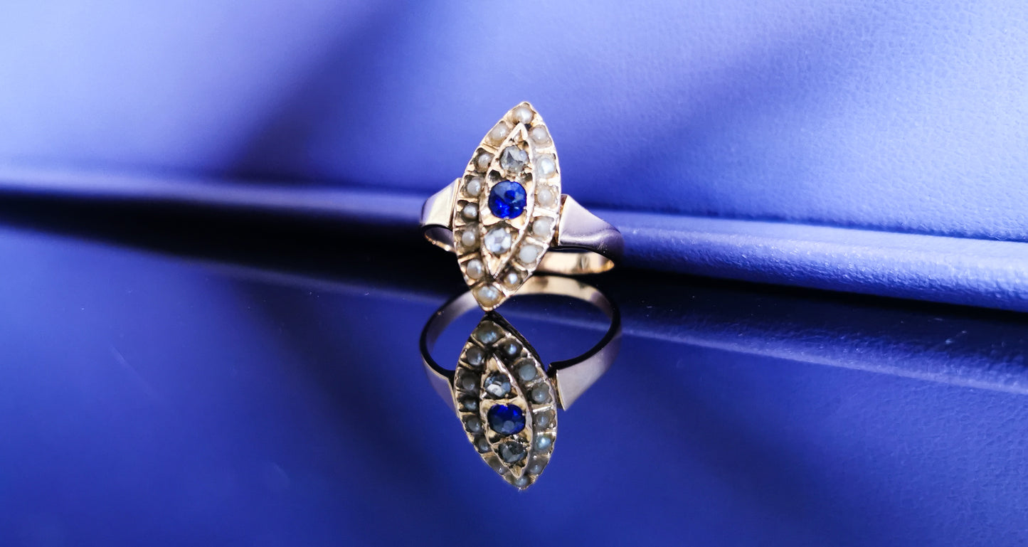 1880s Antique 18k Navette cluster ring Diamond & Pearl Marquise Ring