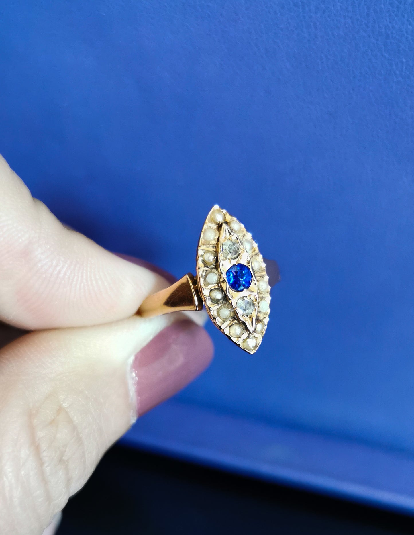 1880s Antique 18k Navette cluster ring Diamond & Pearl Marquise Ring