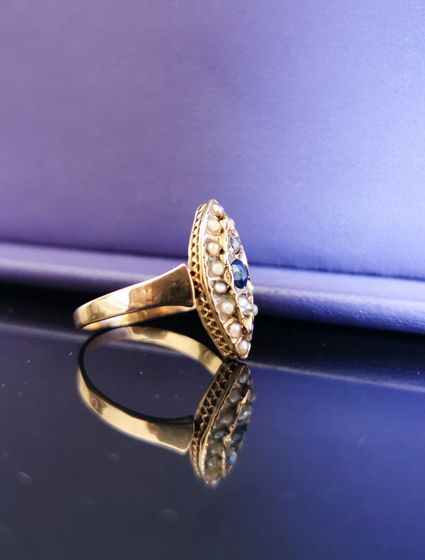 1880s Antique 18k Navette cluster ring Diamond & Pearl Marquise Ring