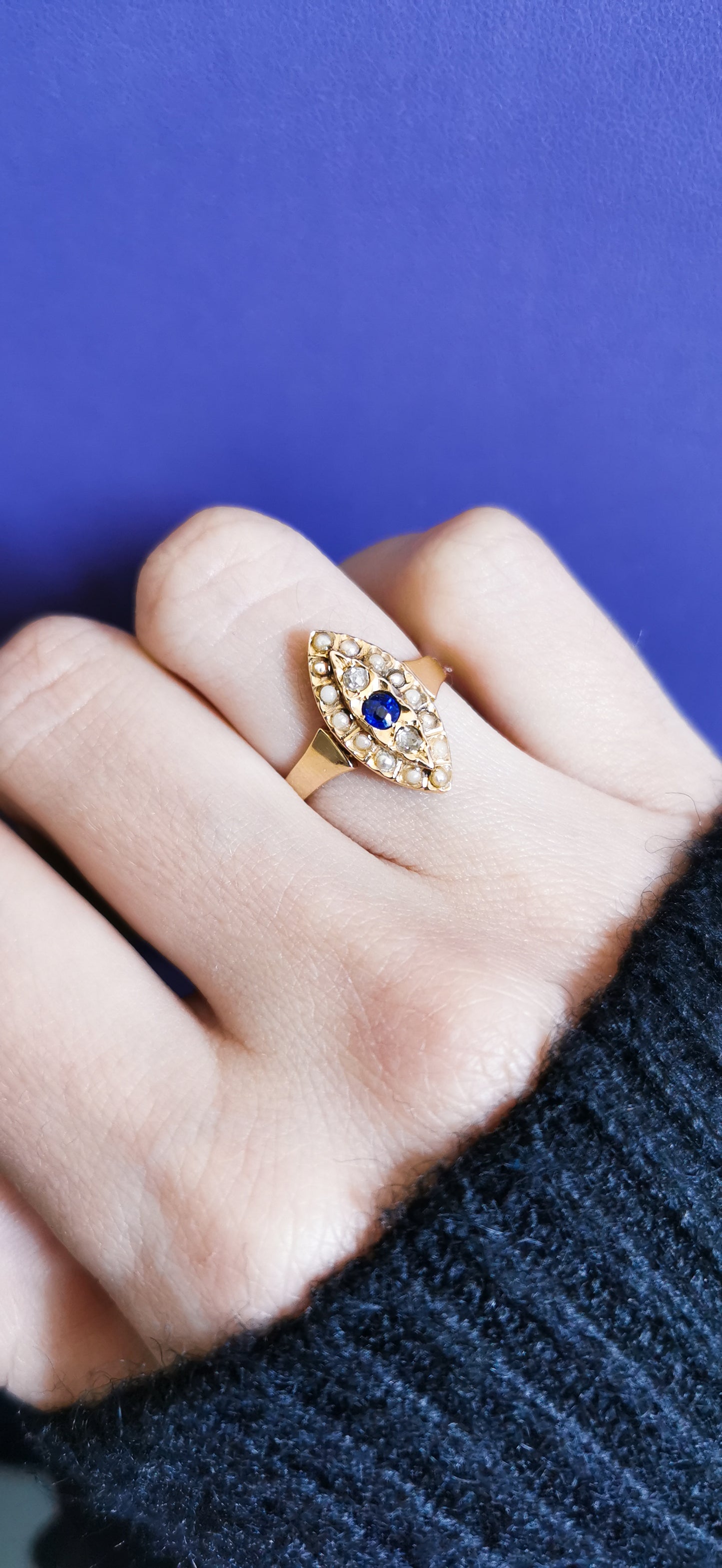 1880s Antique 18k Navette cluster ring Diamond & Pearl Marquise Ring