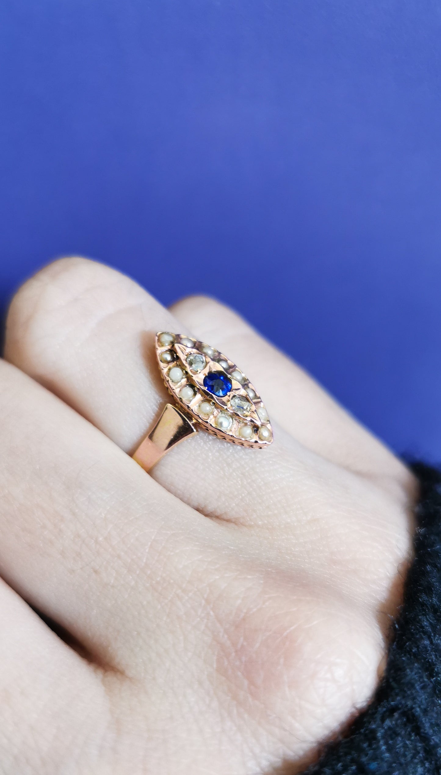 1880s Antique 18k Navette cluster ring Diamond & Pearl Marquise Ring