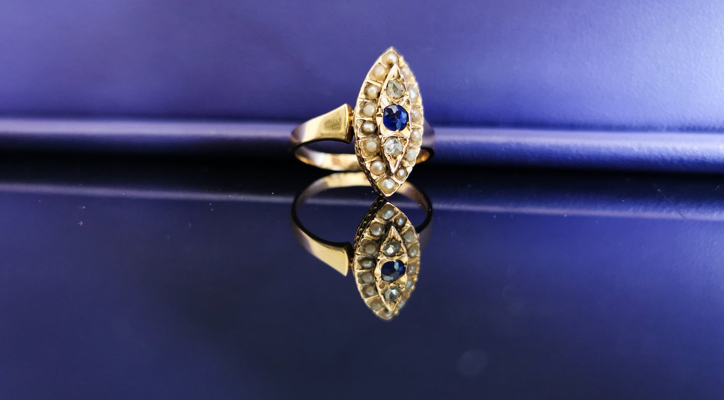 1880s Antique 18k Navette cluster ring Diamond & Pearl Marquise Ring