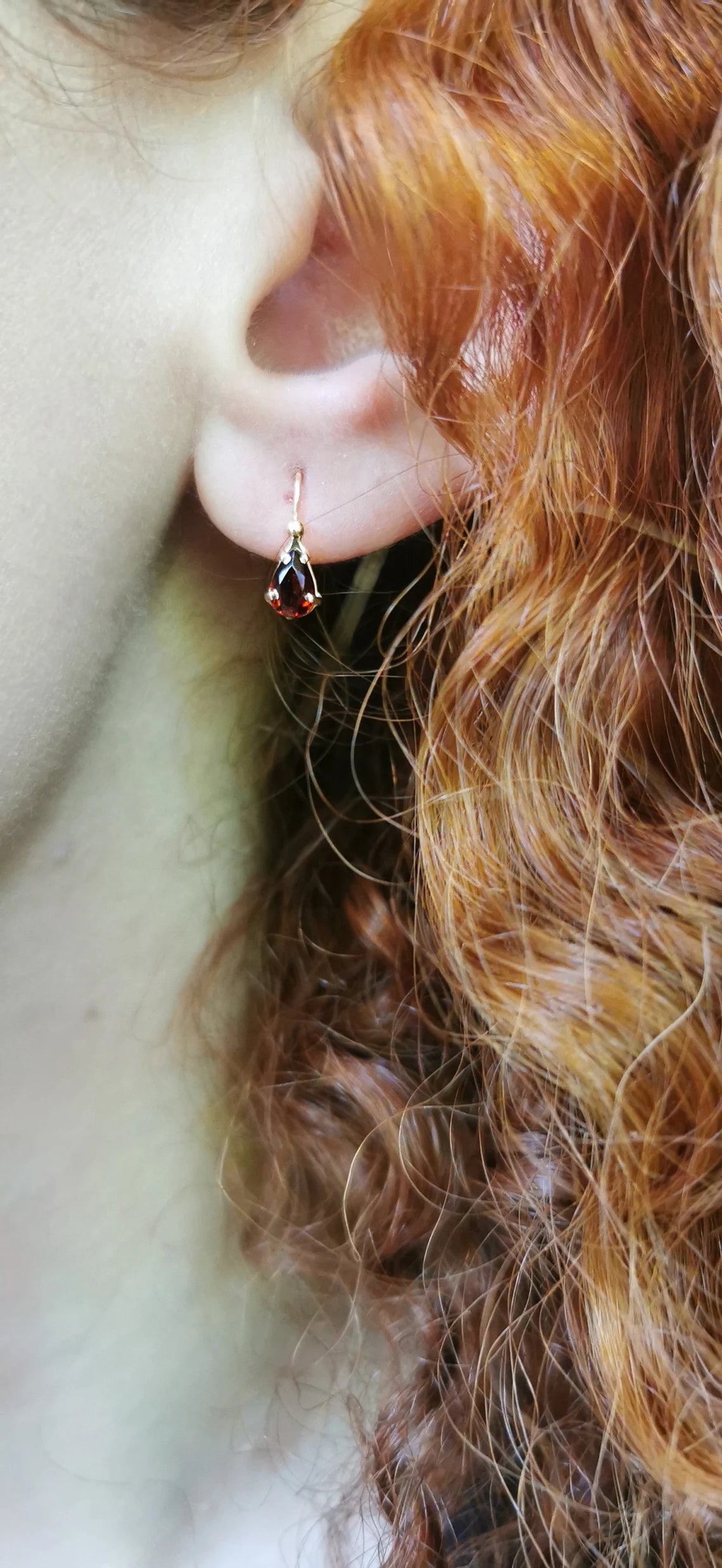 18k Gold Garnet sleeper earrings Antique Earrings 18K drop earrings with garnet stones Antique earrings gift for wife