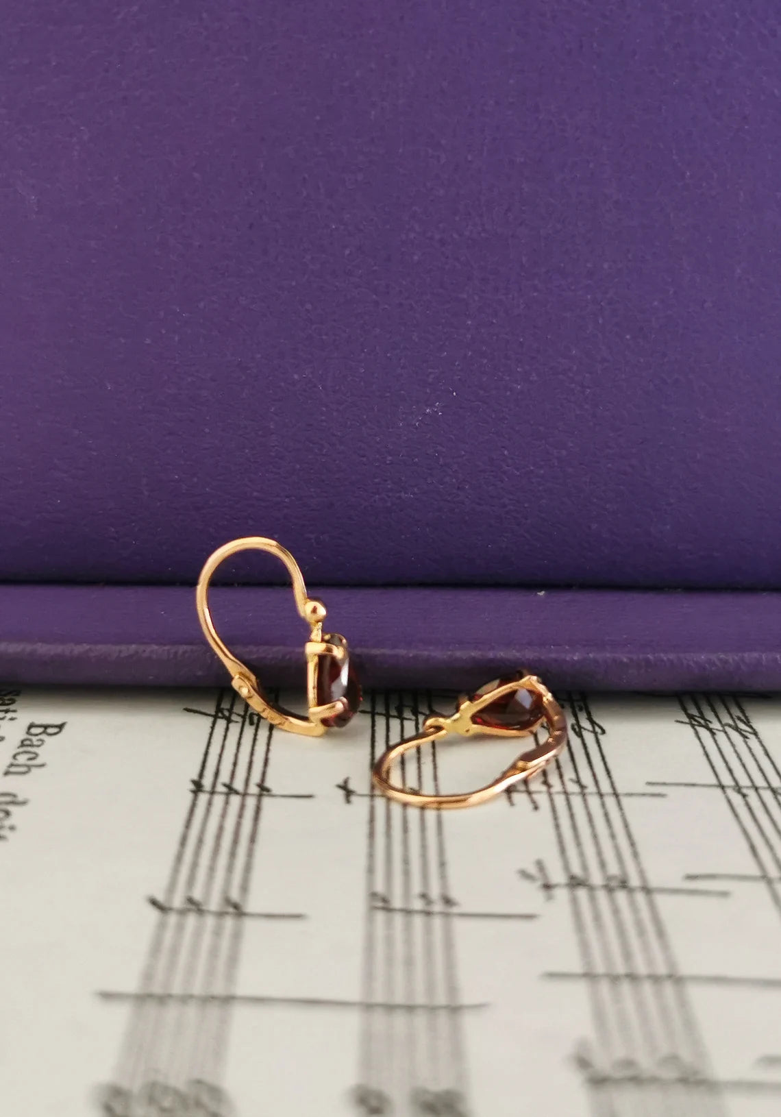 18k Gold Garnet sleeper earrings Antique Earrings 18K drop earrings with garnet stones Antique earrings gift for wife