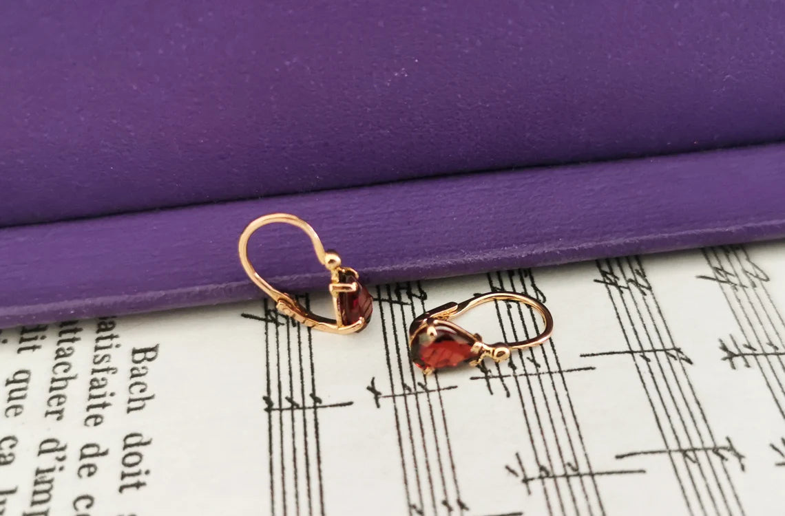18k Gold Garnet sleeper earrings Antique Earrings 18K drop earrings with garnet stones Antique earrings gift for wife