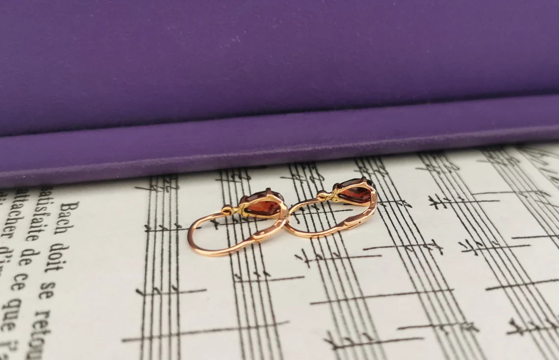 18k Gold Garnet sleeper earrings Antique Earrings 18K drop earrings with garnet stones Antique earrings gift for wife