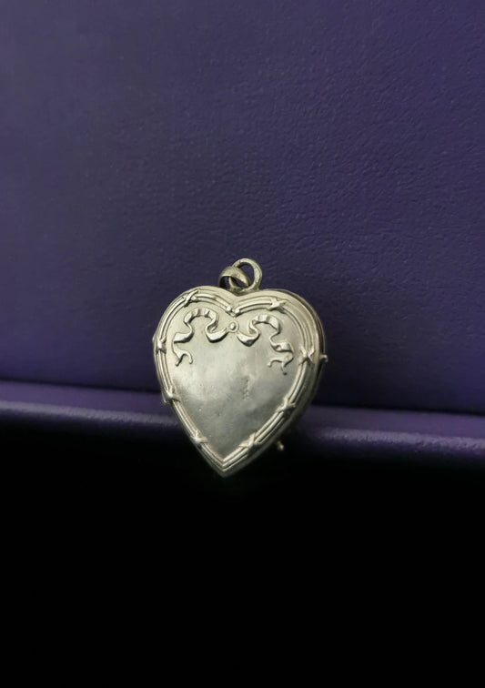 1900s Antique Silver Art Nouveau Ribbon Heart Locket French Antique locket gift for her