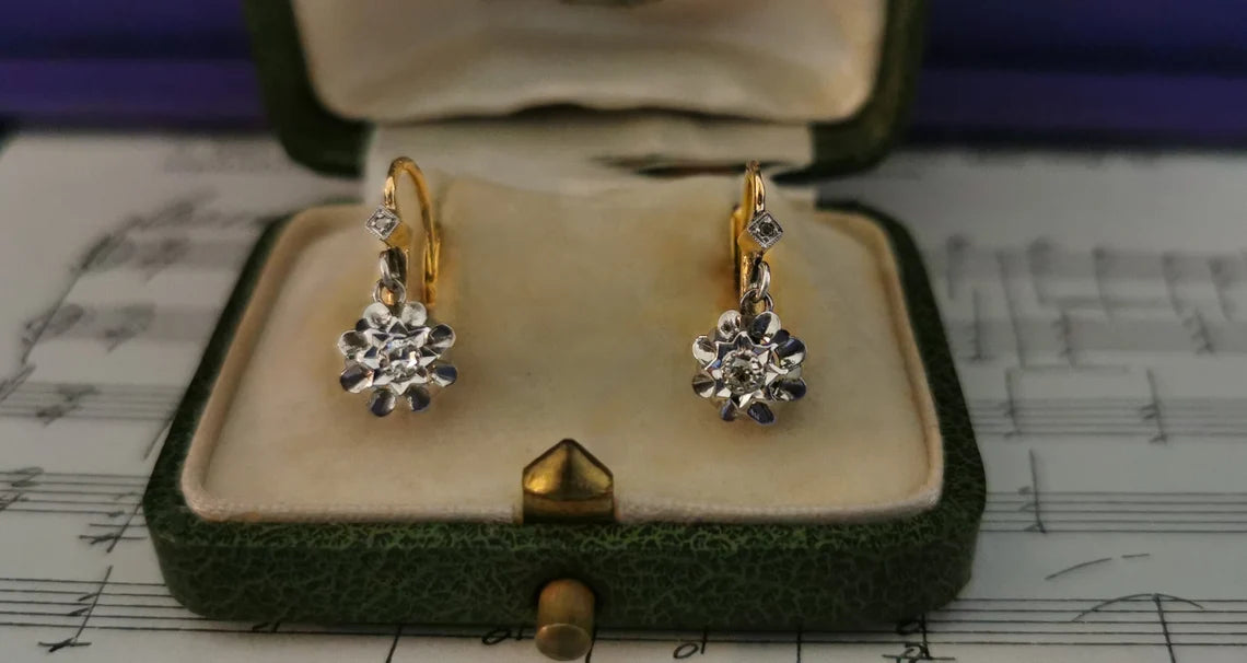 1930s 18K Diamond Earrings Art Deco Earrings 18k Drop Earrings Antique French Sleeper Earrings Antique Diamond earrings gift for her