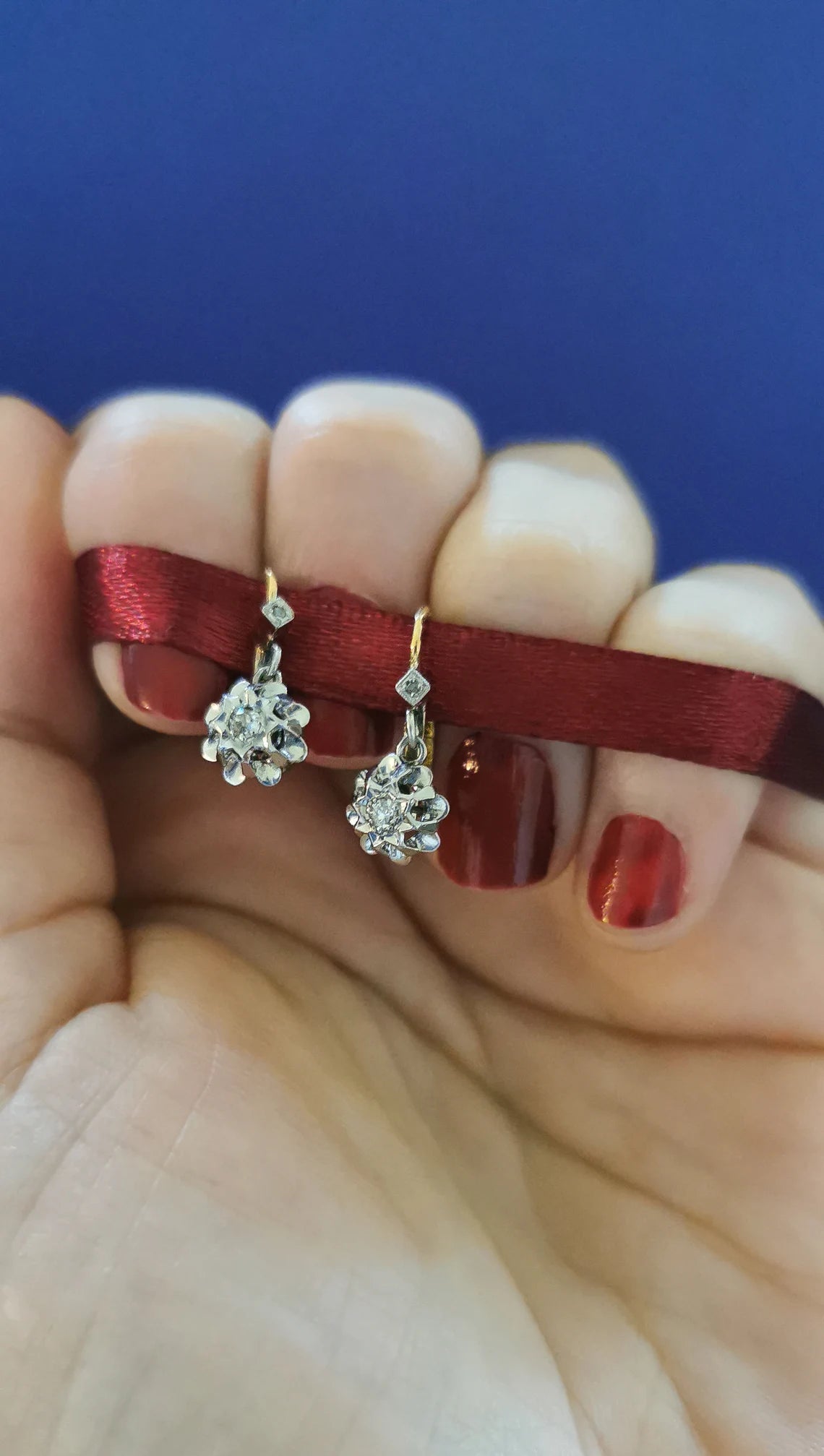 1930s 18K Diamond Earrings Art Deco Earrings 18k Drop Earrings Antique French Sleeper Earrings Antique Diamond earrings gift for her